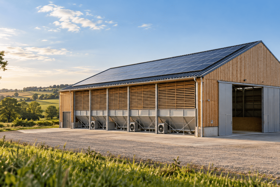 Hangar agricole photovoltaïque avec séchoir solaire installé en toiture